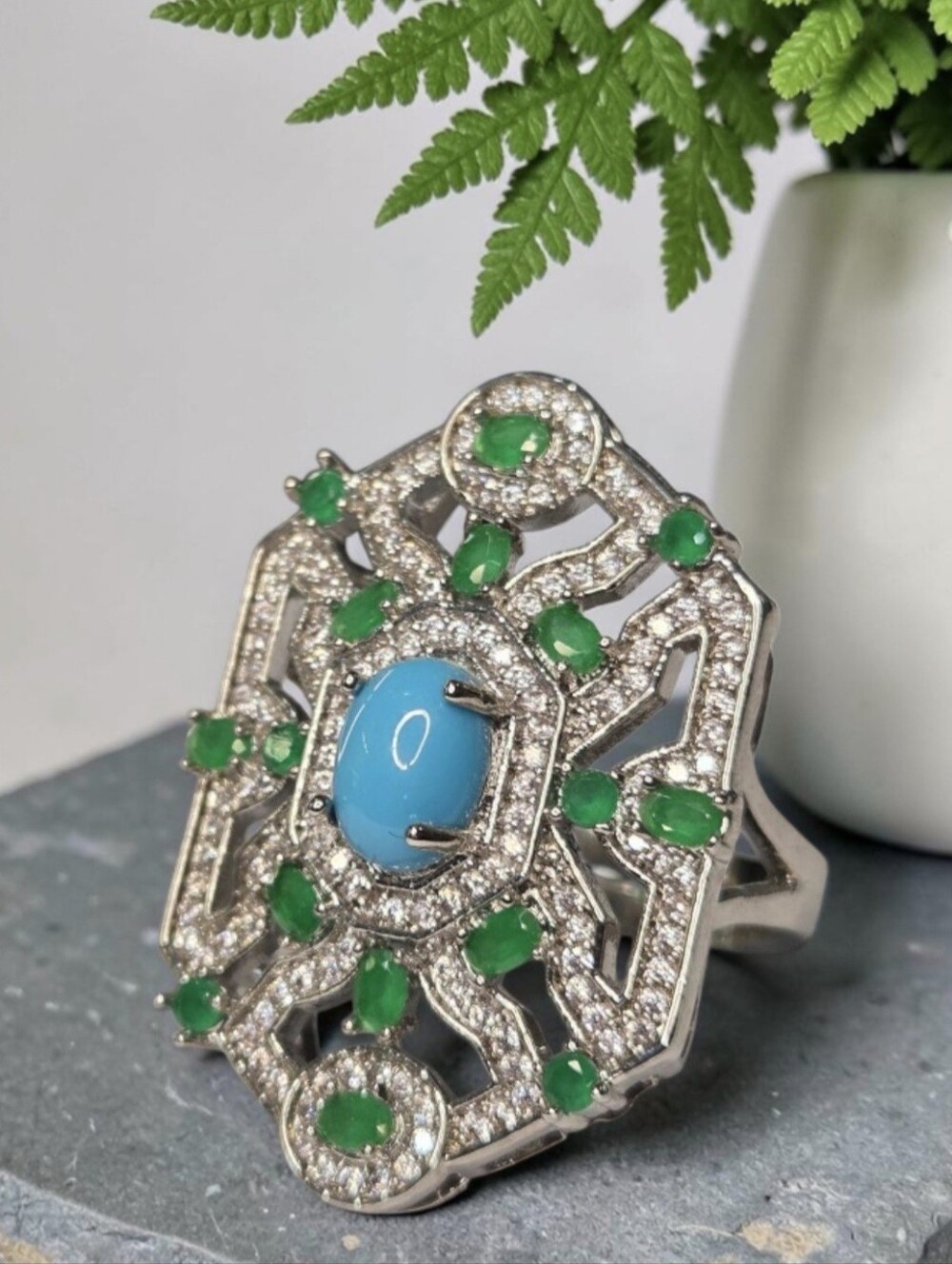 Art Deco Vibes Silver Plated Emerald Turquoise Crystal Cocktail Ring